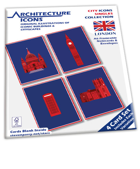 London Icons Singles - 4  Card Set £11.99 Includes St Pauls Cathederal, Big Ben, London Telephone Box, Westminster Abbey Cards